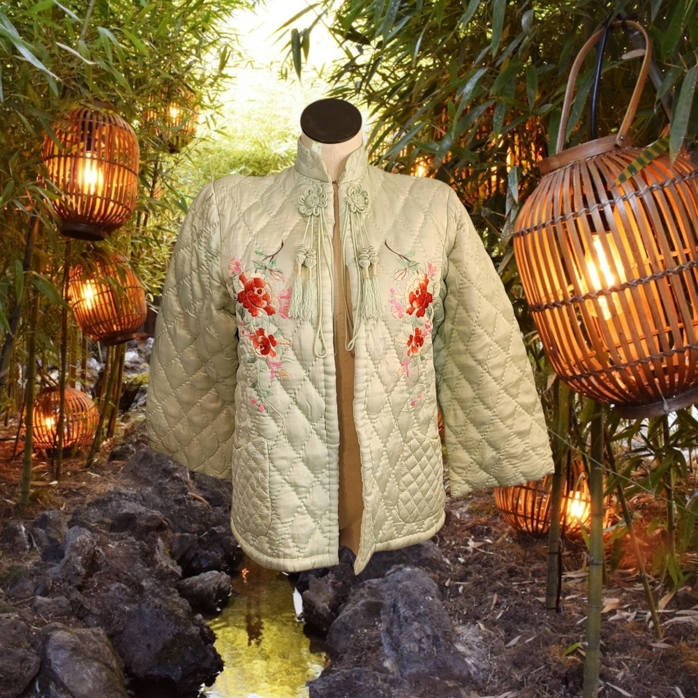 Vintage Asain Quilted Jacket with Embroidered Flowers